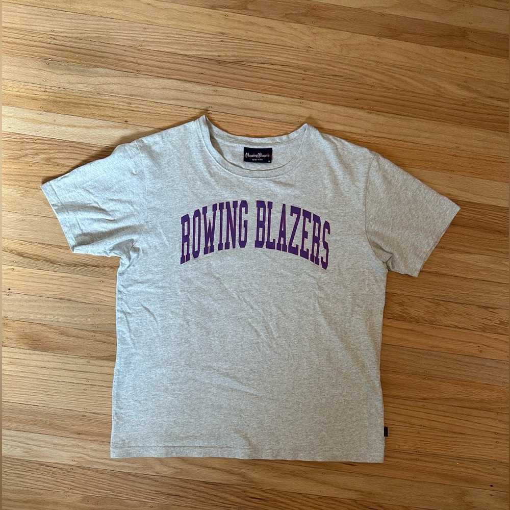 Rowing Blazers Collegiate Arch T Shirt M. Purple text red outliner